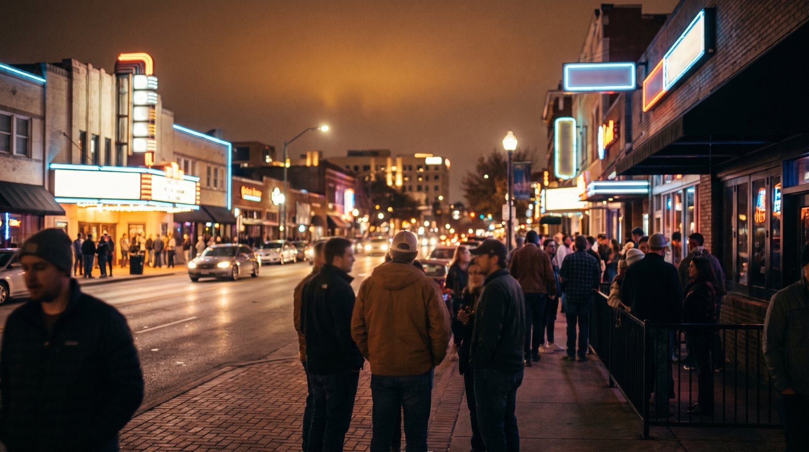 Crowds outside neon-lit bars and marquees on Cedar Springs at night
