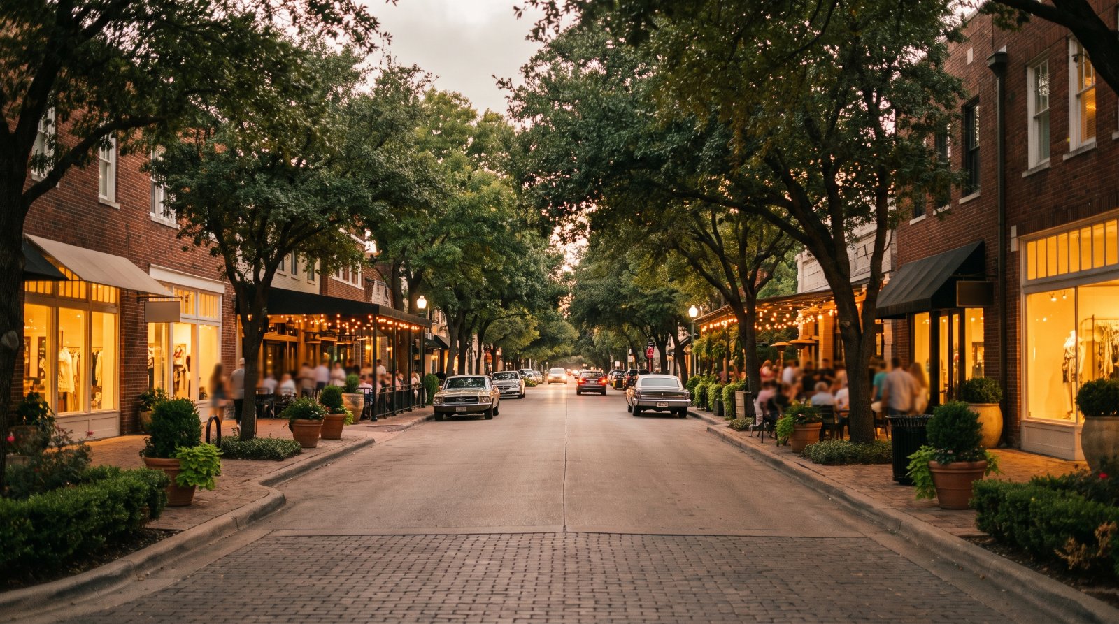 A tree-lined Knox-Henderson street with lit shopfronts and brick pavers at dusk