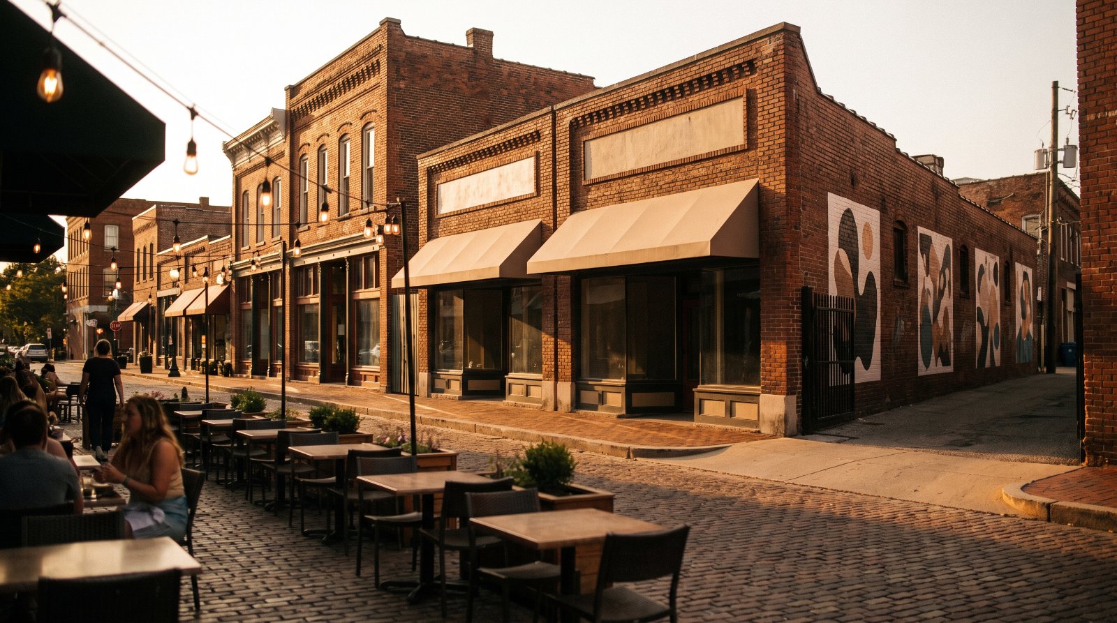 Brick storefronts and sidewalk cafe tables on an Oak Cliff street at golden hour