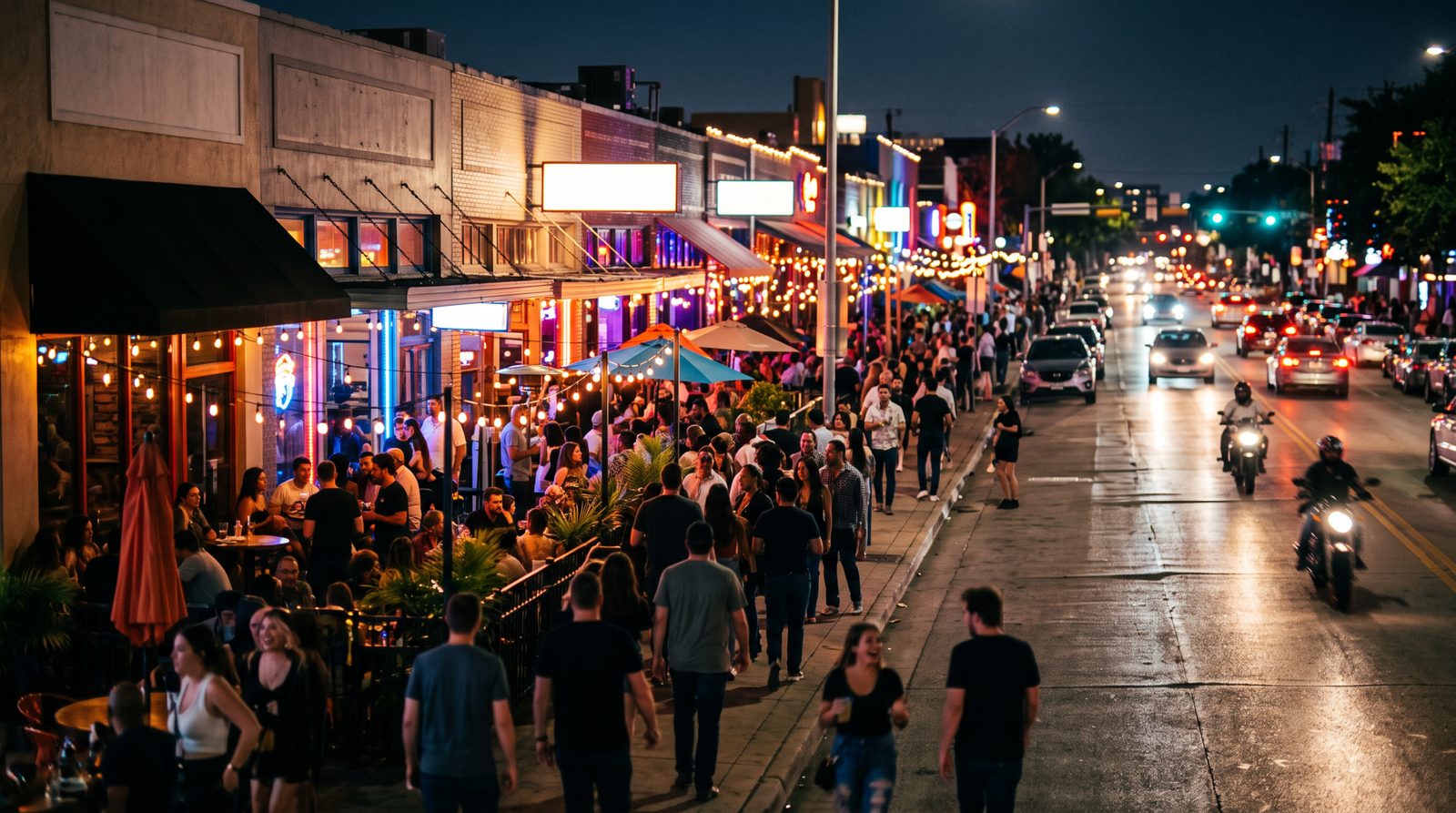 West End Dallas at night: patios, neon and a busy sidewalk