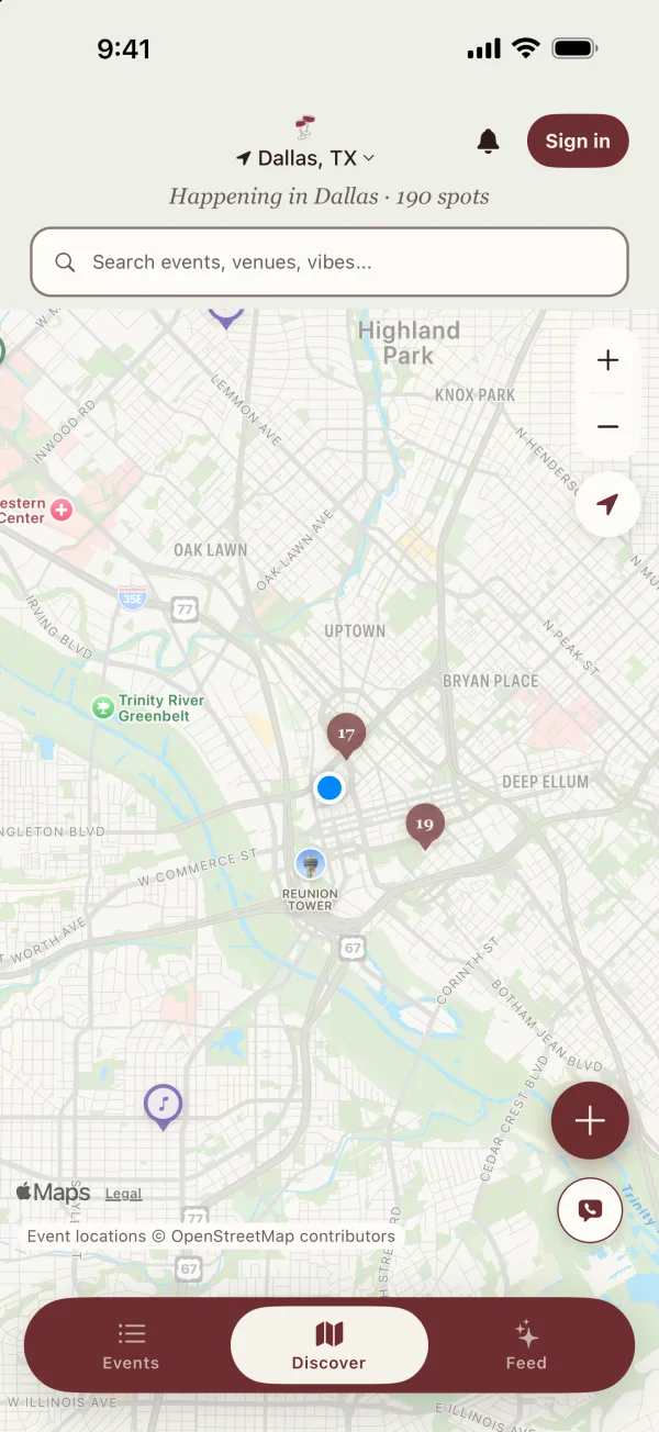 Social Season Club app: the Discover map of events across Dallas