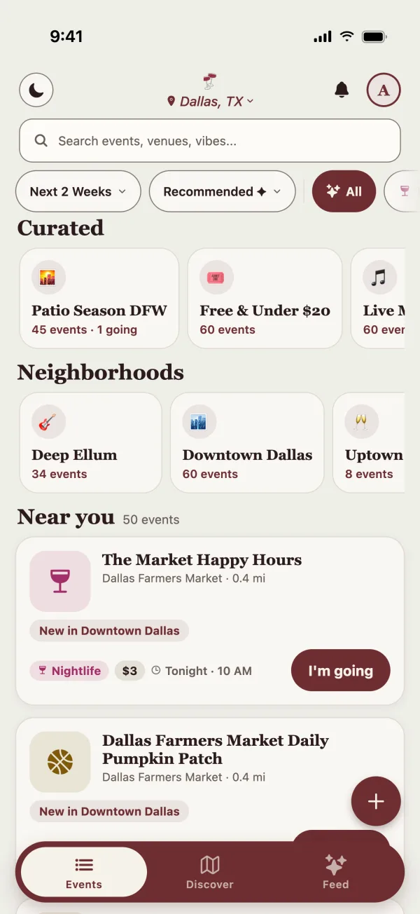 Social Season Club app: the Events feed with curated picks, neighborhoods and events near you
