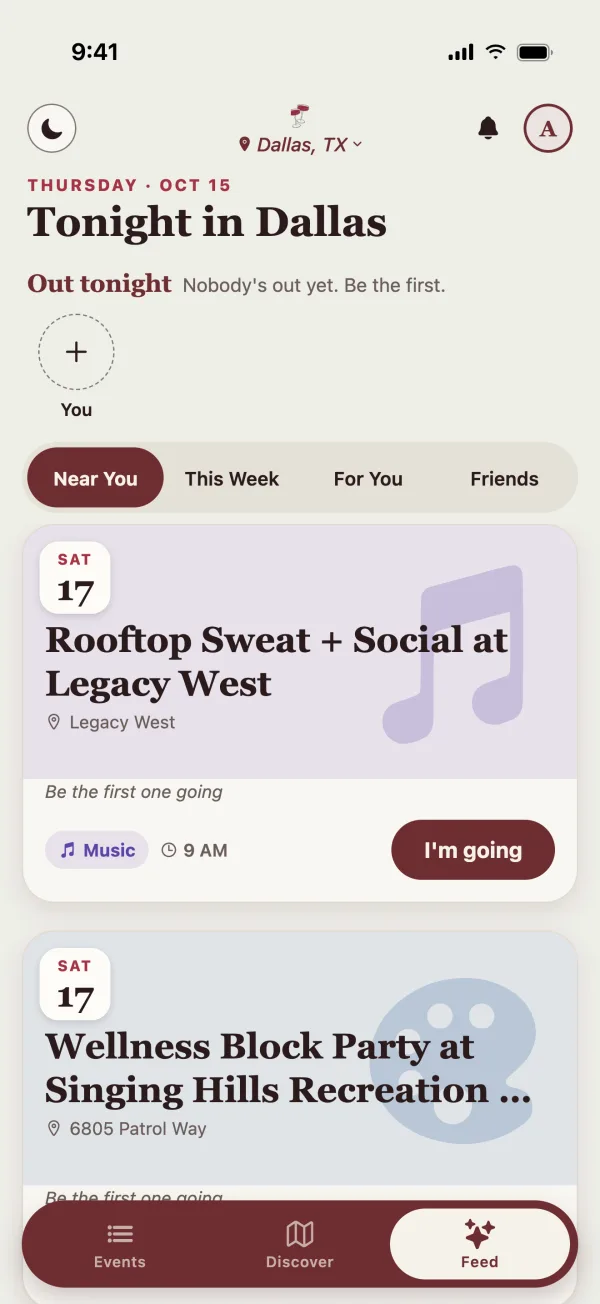 Social Season Club app: Tonight in Dallas, with who is out tonight and events near you